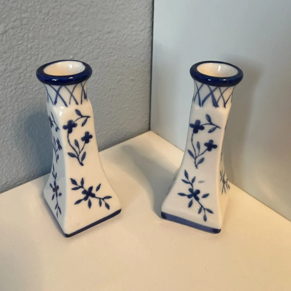Vintage Delft Elegant Blue and White Ceramic Floral Candle Holders 5” - Picture 3 of 6